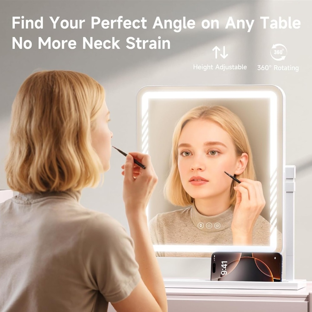 LED Lighted Vanity Mirror with Phone Holder - White